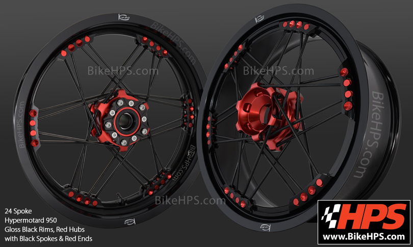 Ducati Hypermotard 950 24 Spoke Kineo Wheels in Gloss Black and Red