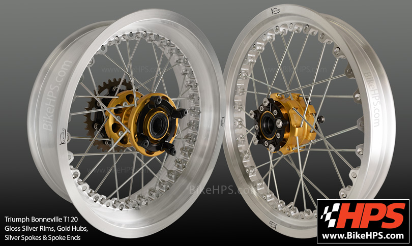Triumph Bonneville T120 Kineo Spoked Wheels Gloss Silver and Gold