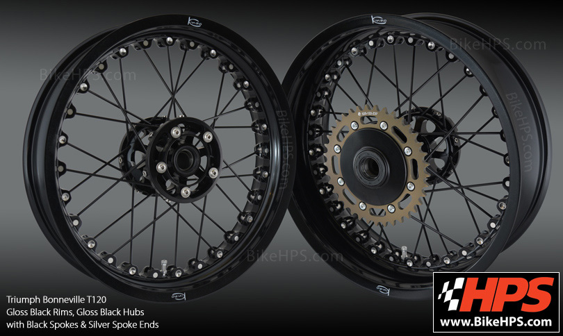 Triumph Bonneville T120 Kineo Spoked Wheels Gloss Black and Silver